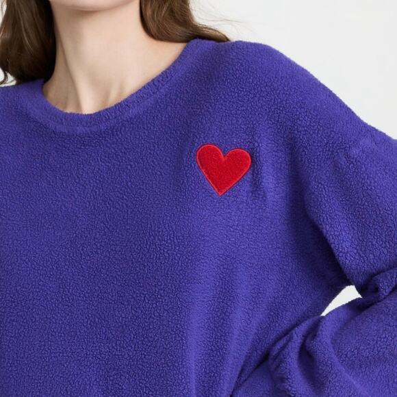 Sundry 1 S Heart Faux Sherpa Sweatshirt Blue Embroidered Pullover Soft TeddyBear - Picture 7 of 10